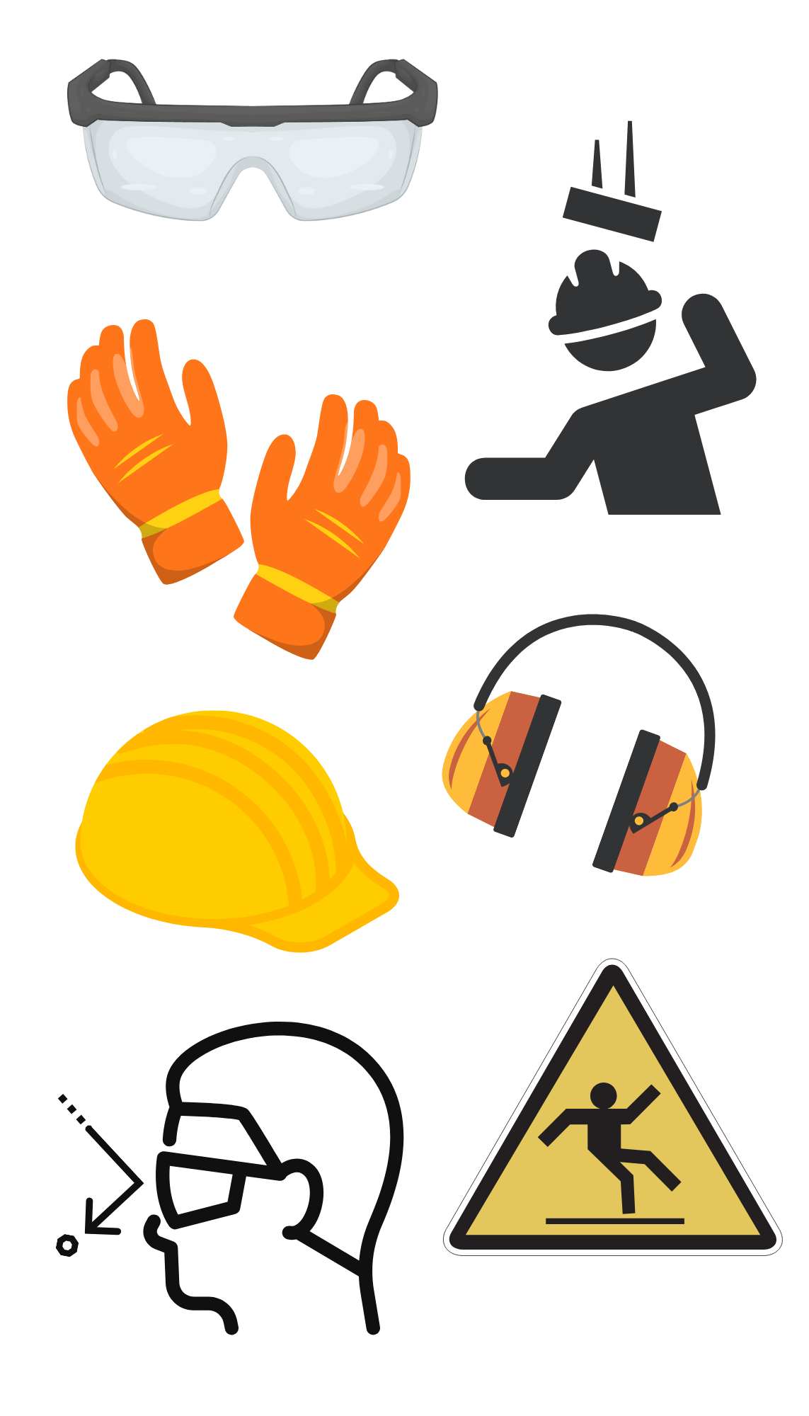 Image showing outlines of safety glasses, a falling hazard, gloves, noise cancelling headphones, safety helmet, fall hazard sign, and eye impact protection.